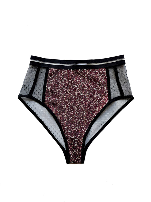 High waisted red lace underwear with Point d'esprit 