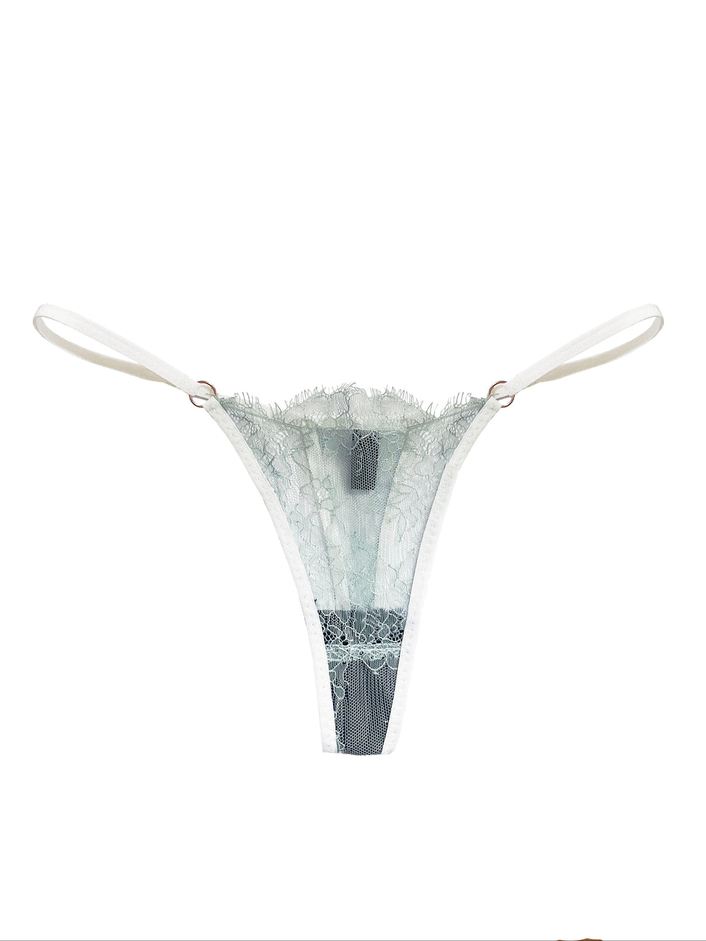 teal lace thong bottom with white straps on a white background