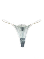 teal lace thong bottom with white straps on a white background