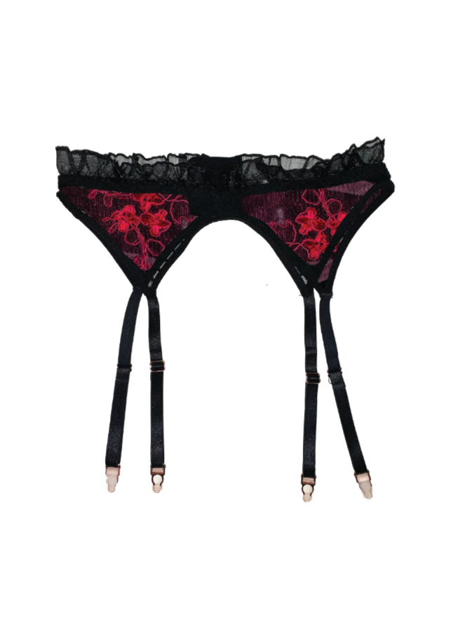 Black lace garter belt with red floral design on a white background