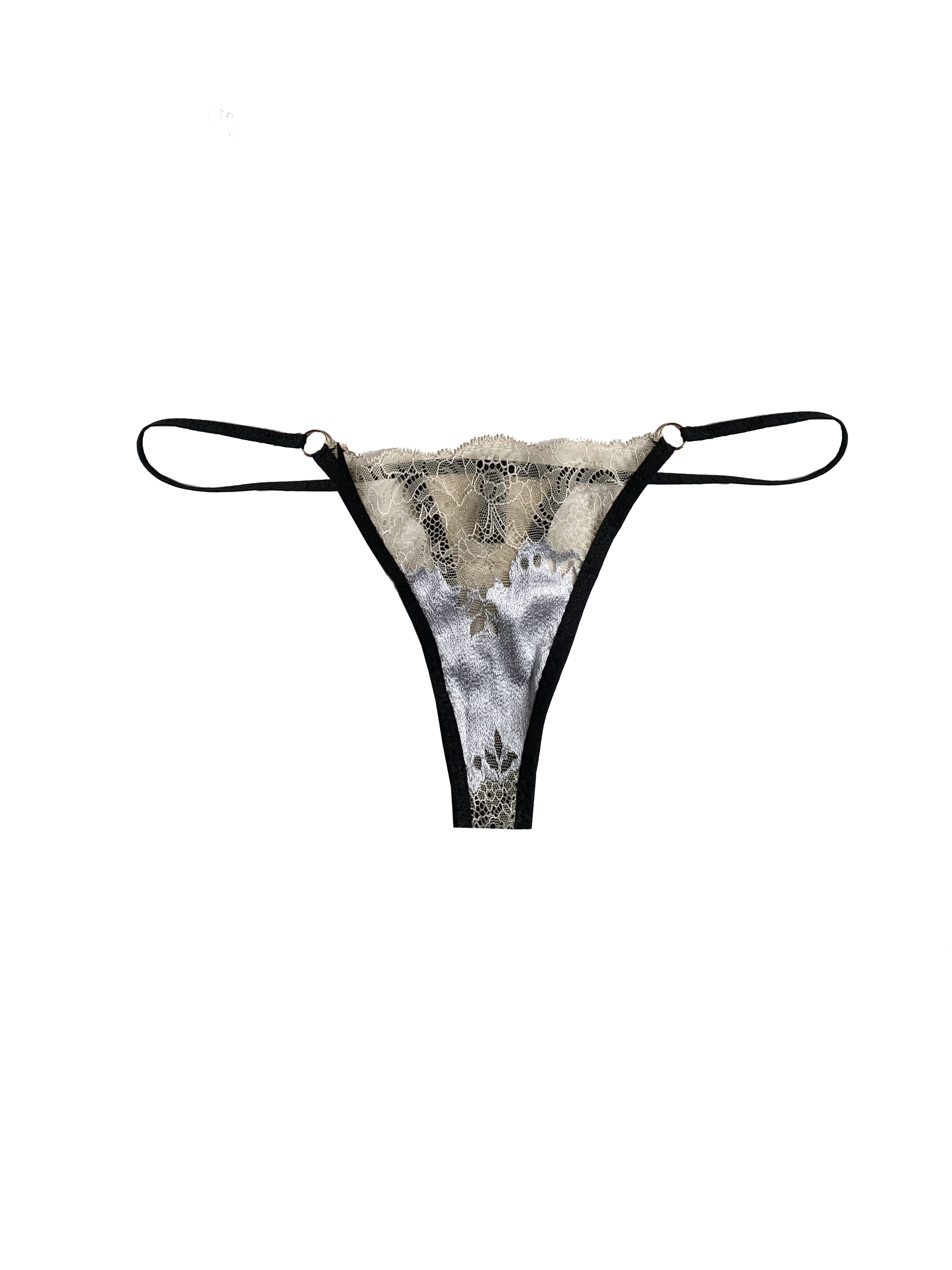 silver and off white lace thong with black elastic 
