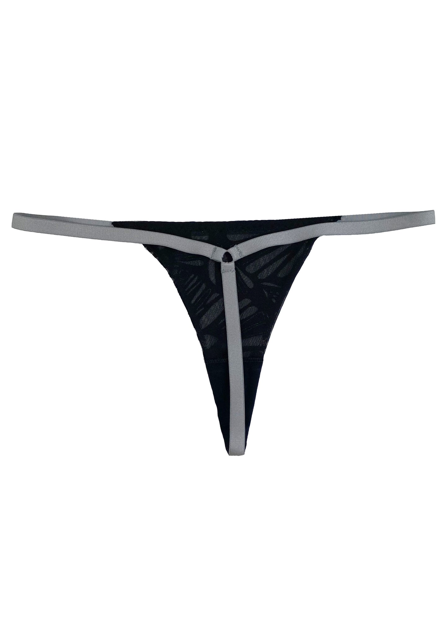 black thong from the back with gray background on white back drop