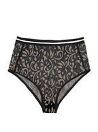 Floral beige high waisted underwear with black trim on a white background 