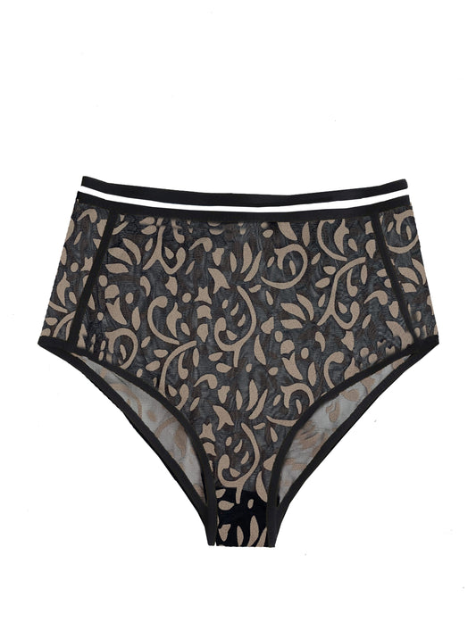 Floral beige high waisted underwear with black trim on a white background 