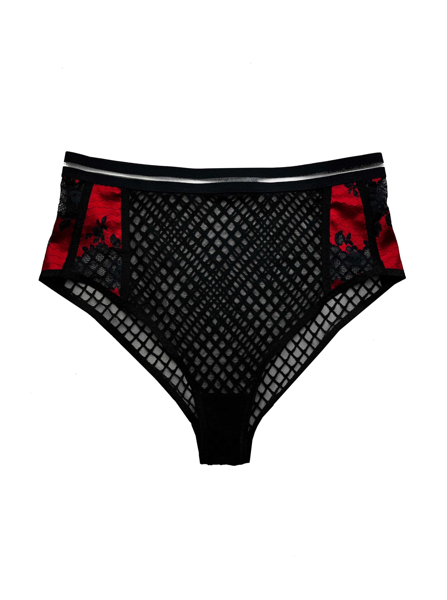 high waisted red and black underwear against a white backdrop