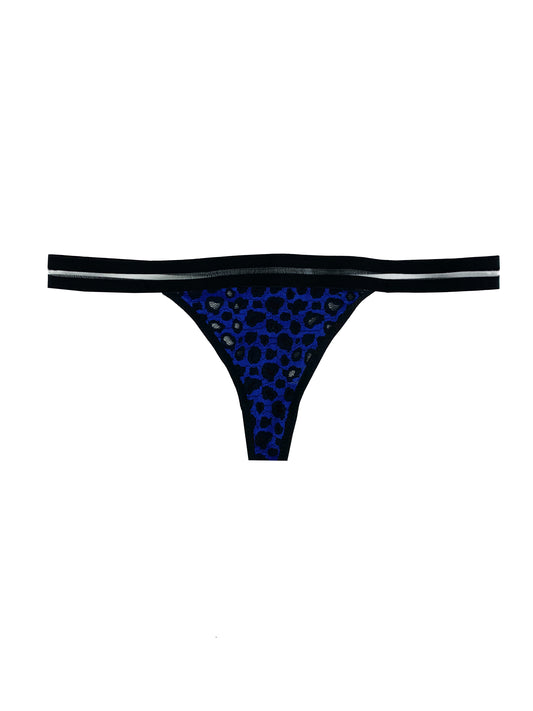 Leopard blue and black thong against a white backdrop