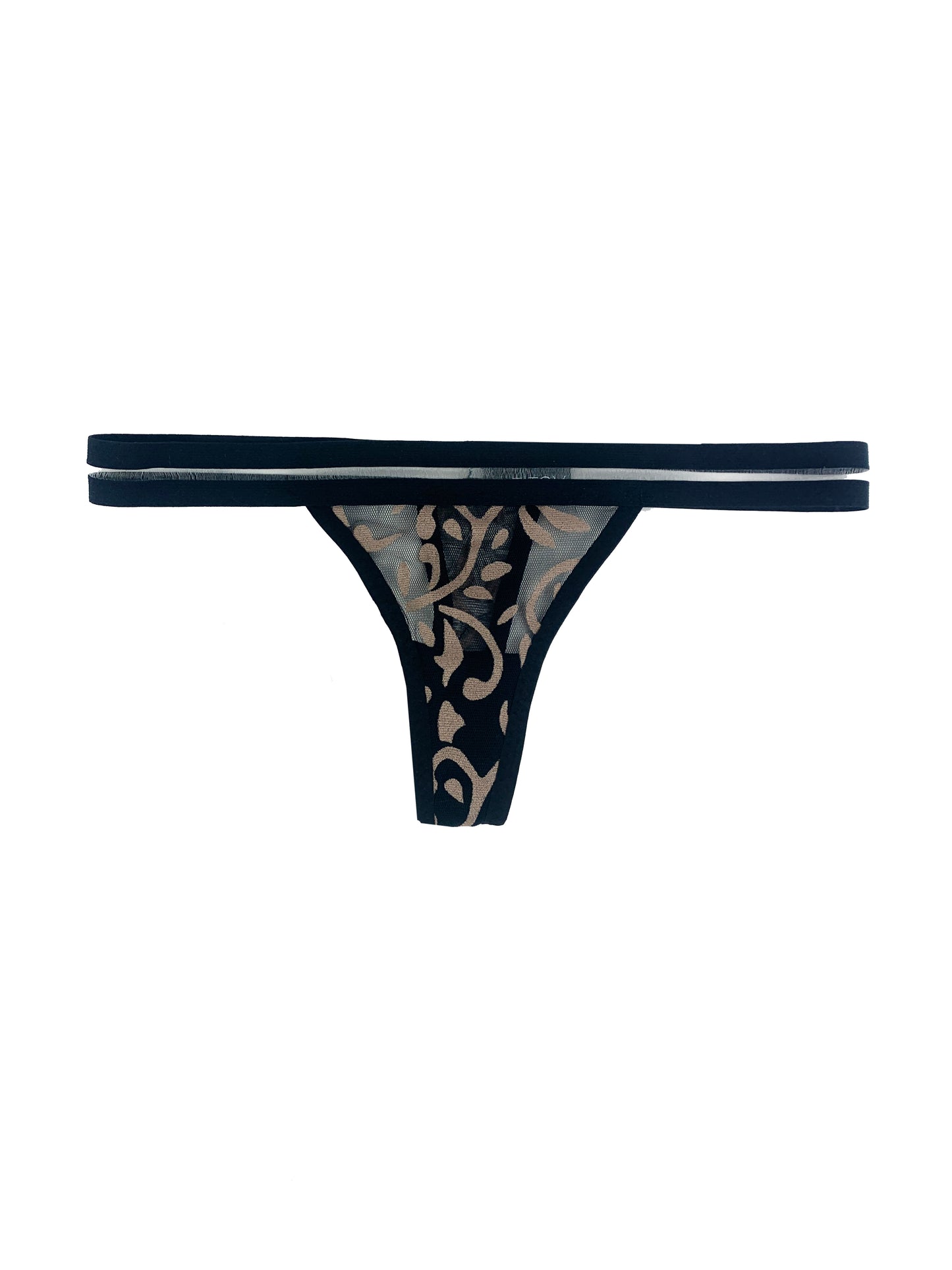 black with brown details thong against a white backdrop