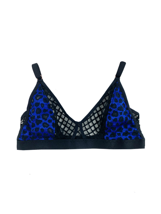 blue leopard bra with mesh details against a white background