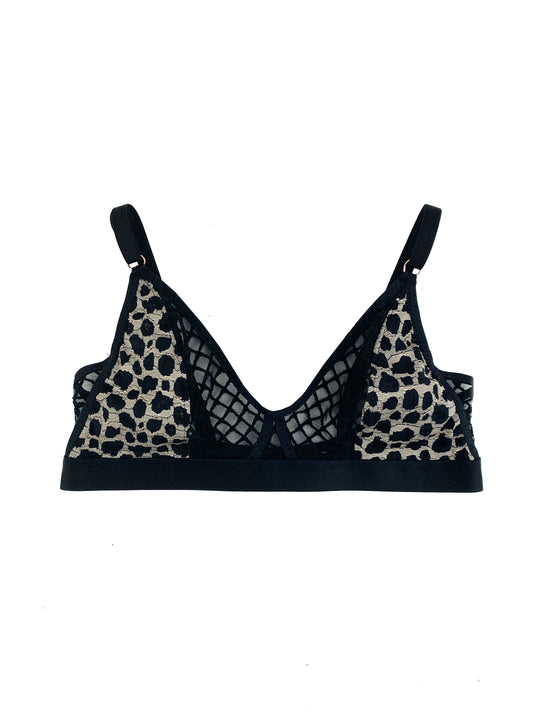 leopard print combined with mesh bralette on white backdrop