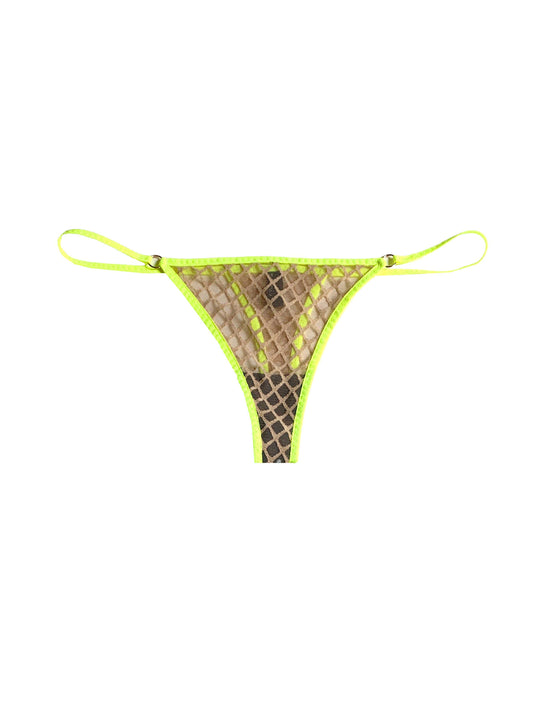 fishnet beige thong with neon trim and rose gold detail 