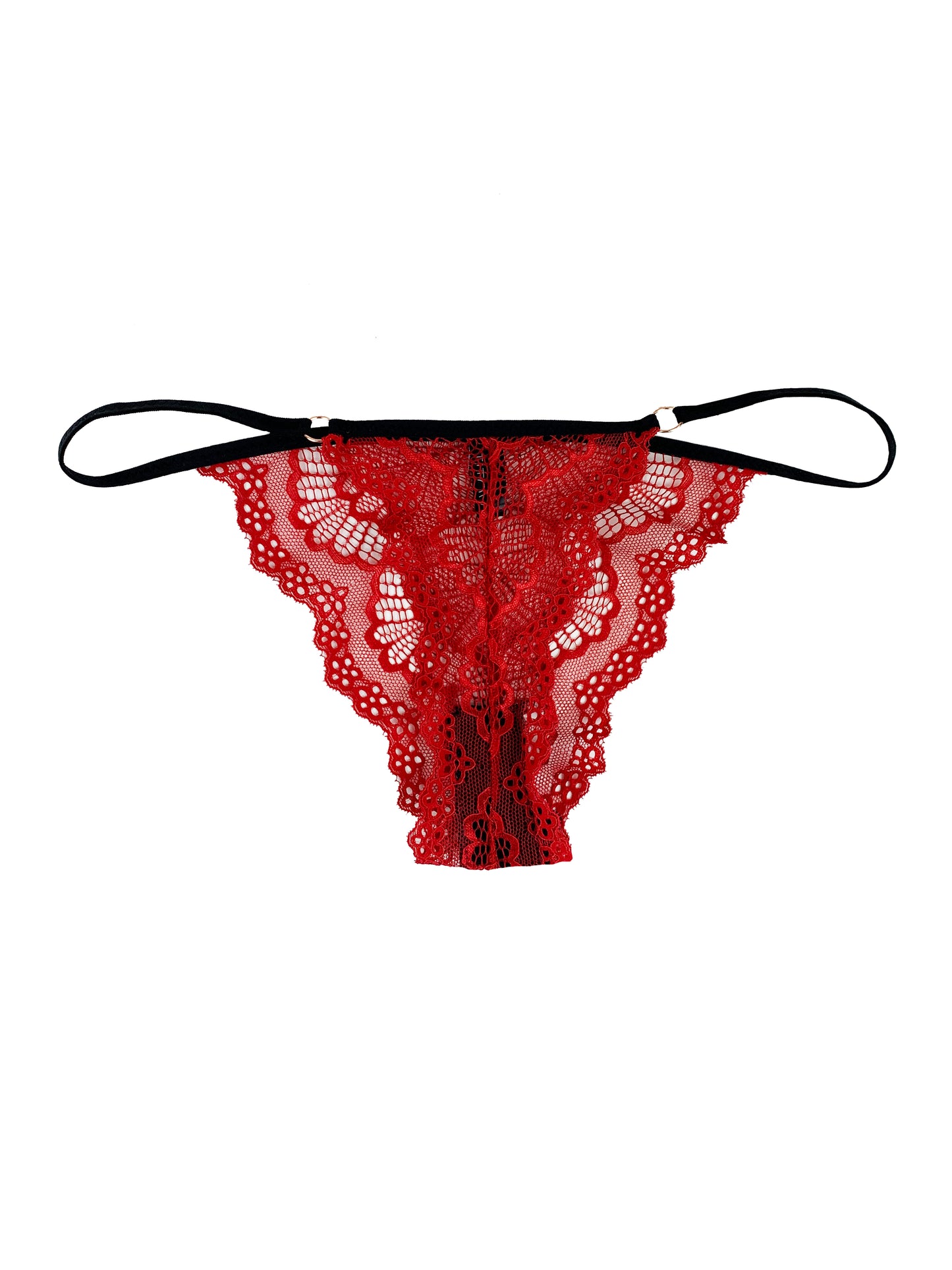 Delicate red lace string thong with white backdrop