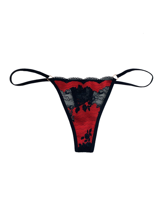 black and red lace thong with white backdrop
