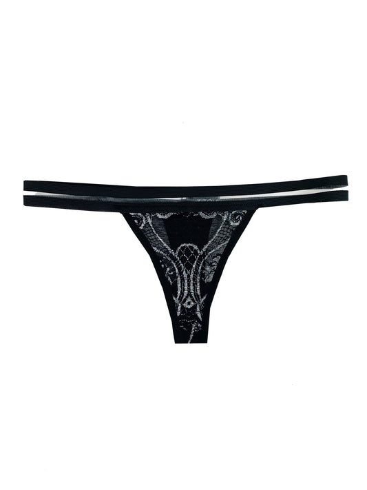 black lingerie thong with a blank white background