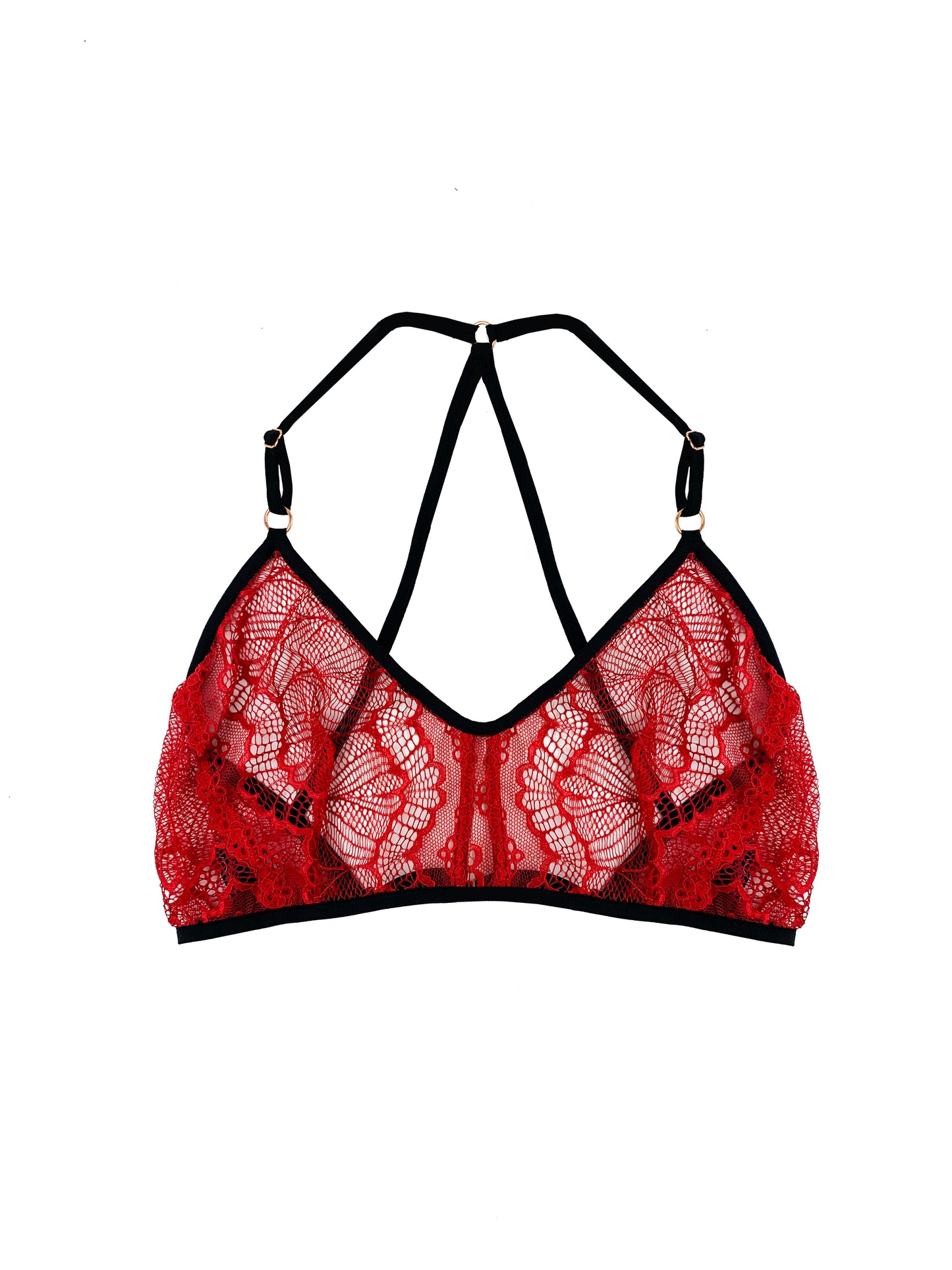 red lace bra with white backdrop 