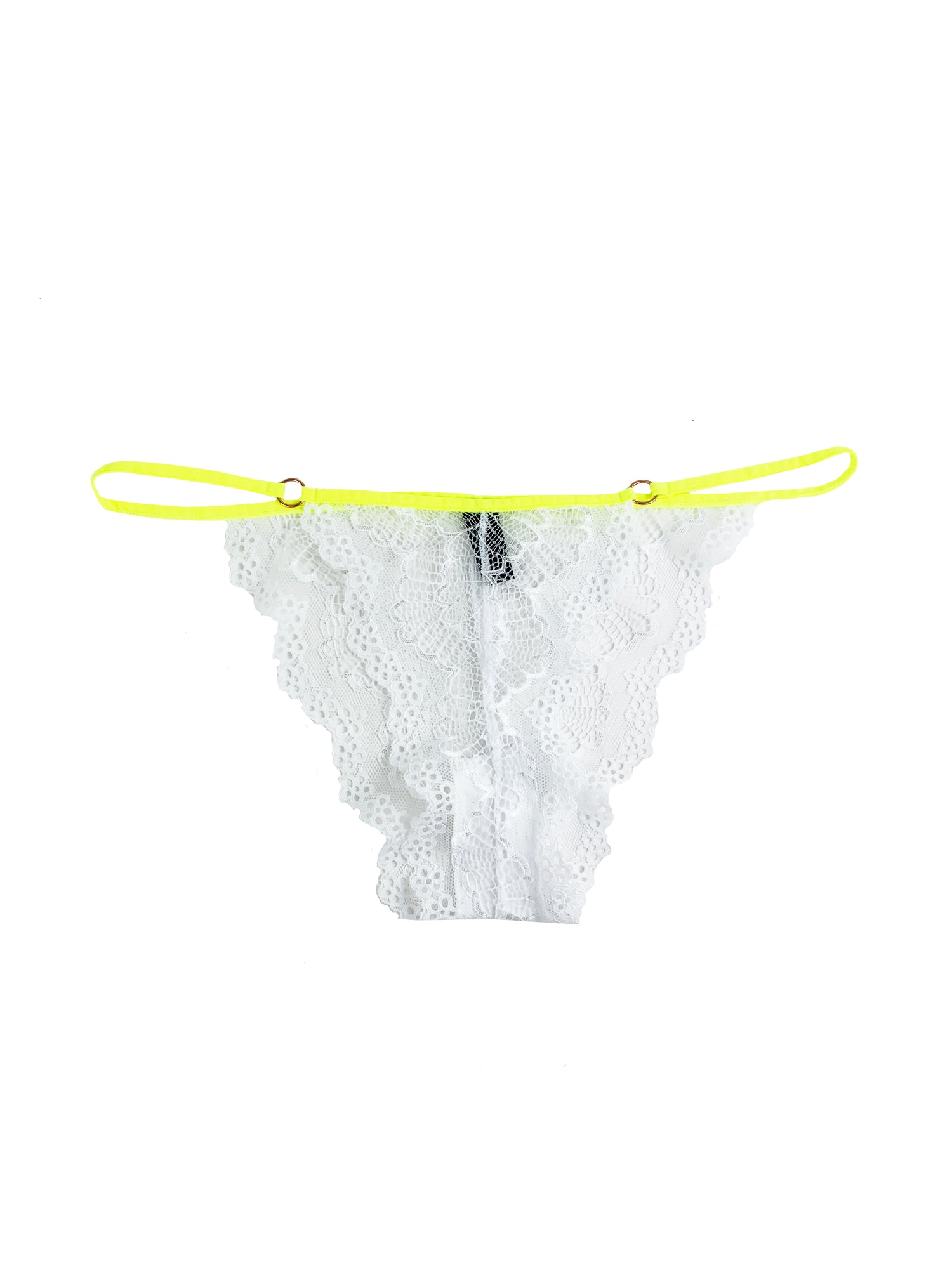 white lace thong with neon trim on white background