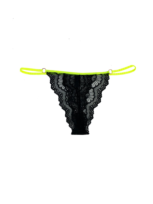 black lace thong with neon trim on white background 