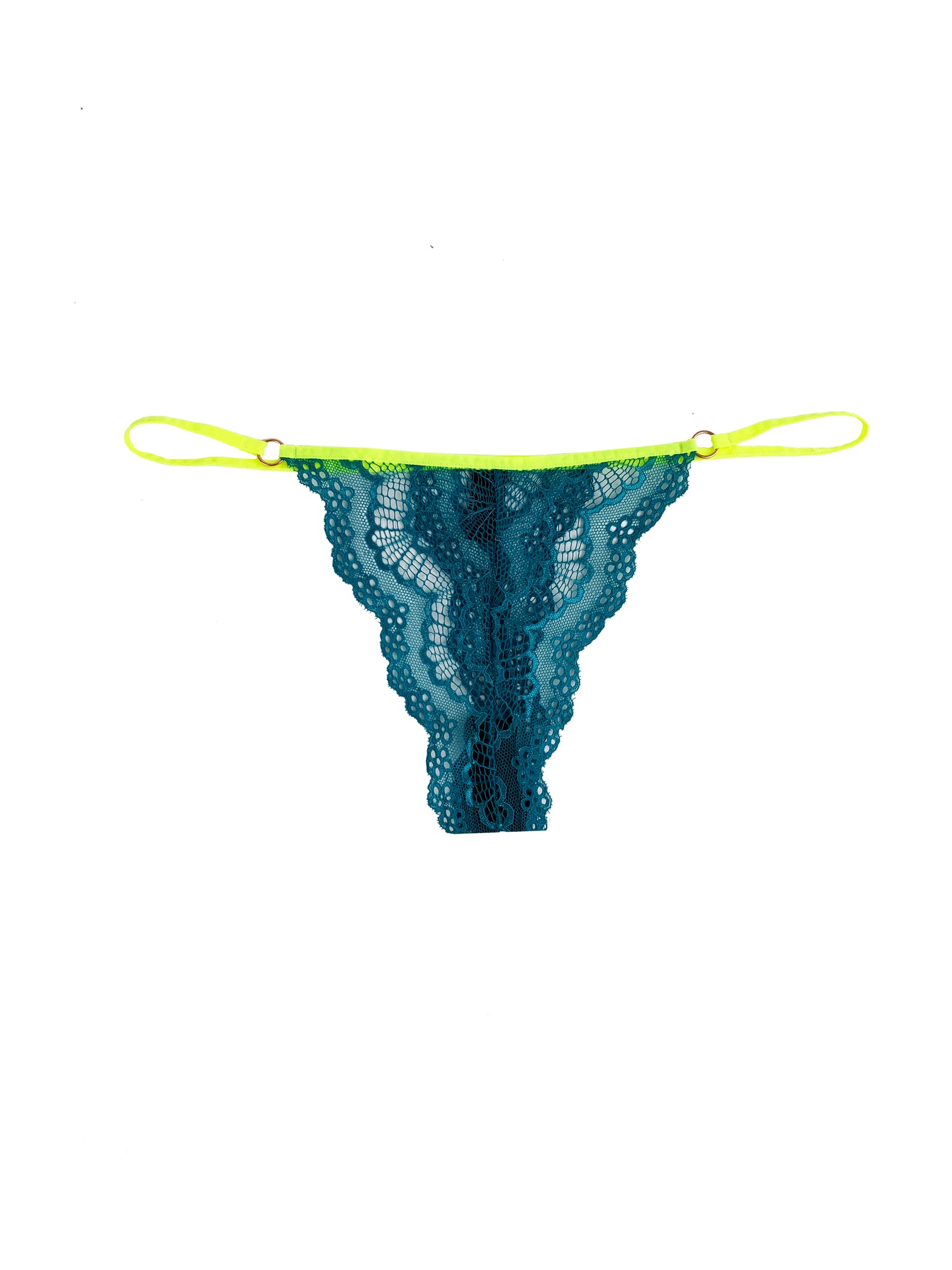 turquoise with neon trimming thong on white backdrop