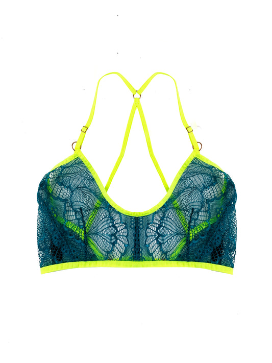 turquoise bra with neon trim on white backdrop