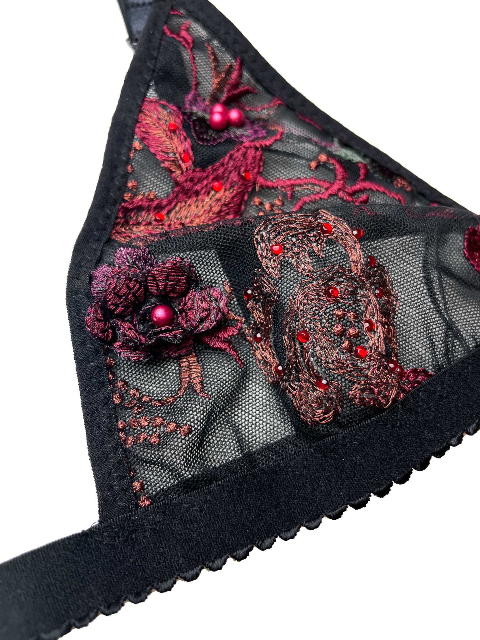 Megan Black Tulle Bralette with Maroon Embroidery