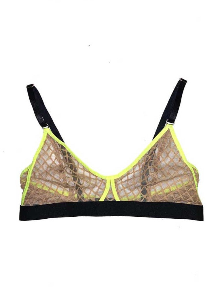 nude lace bra with neon trim against white backdrop