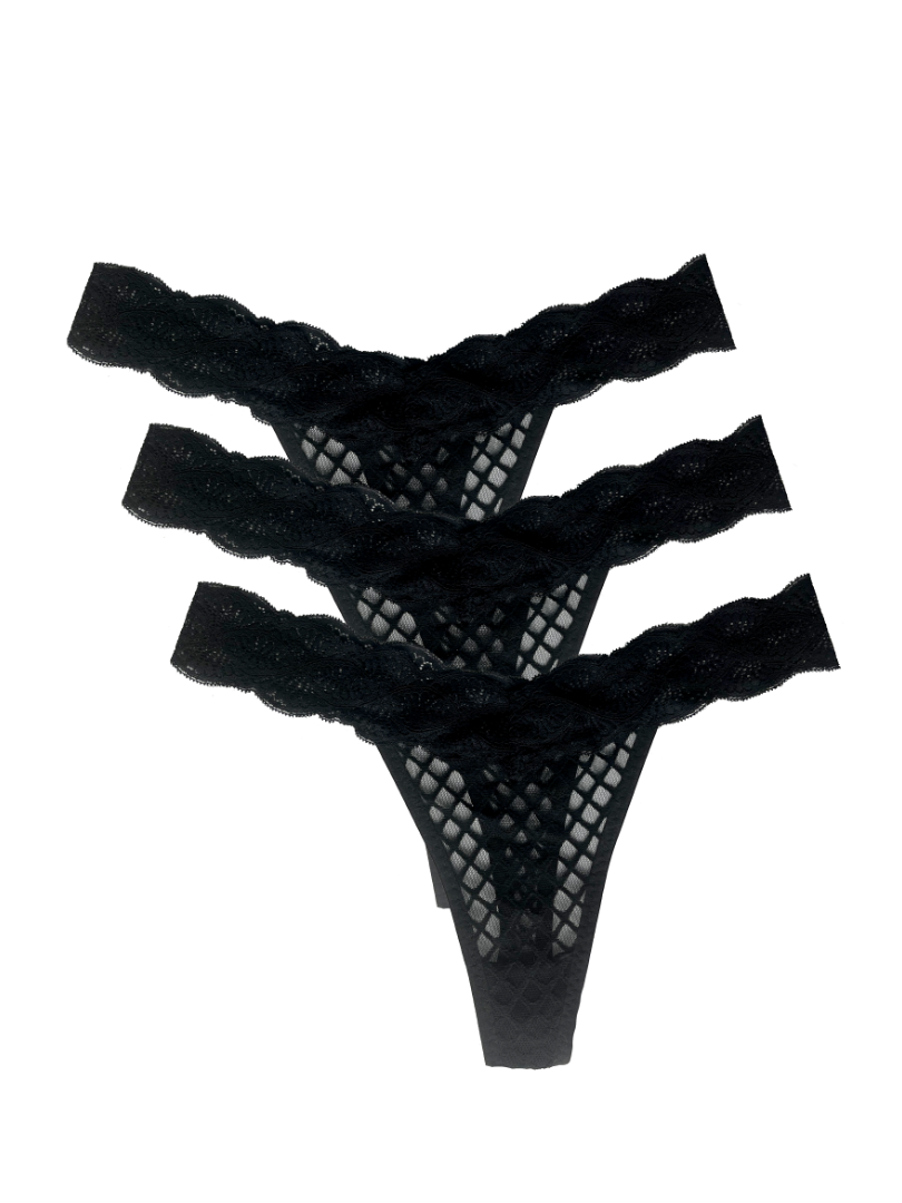 One Size 3 Pack Black Lace Thongs