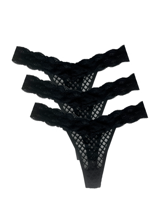One Size 3 Pack Thong Black