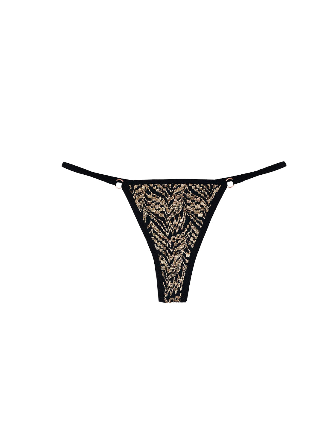 gold detailed on a black string underwear with a white background