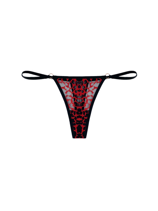Red laced low rise thong against a white background